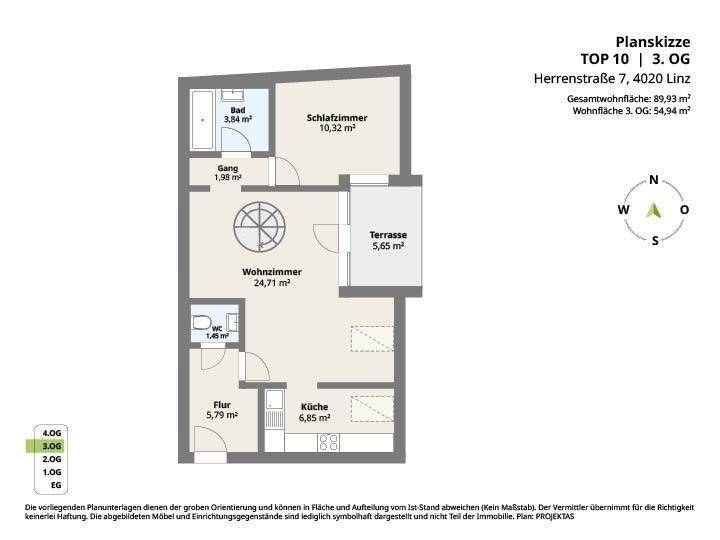 Grundriss der Wohnung im 3. Obergeschoss mit Wohnzimmer, Schlafzimmer und Terrasse.