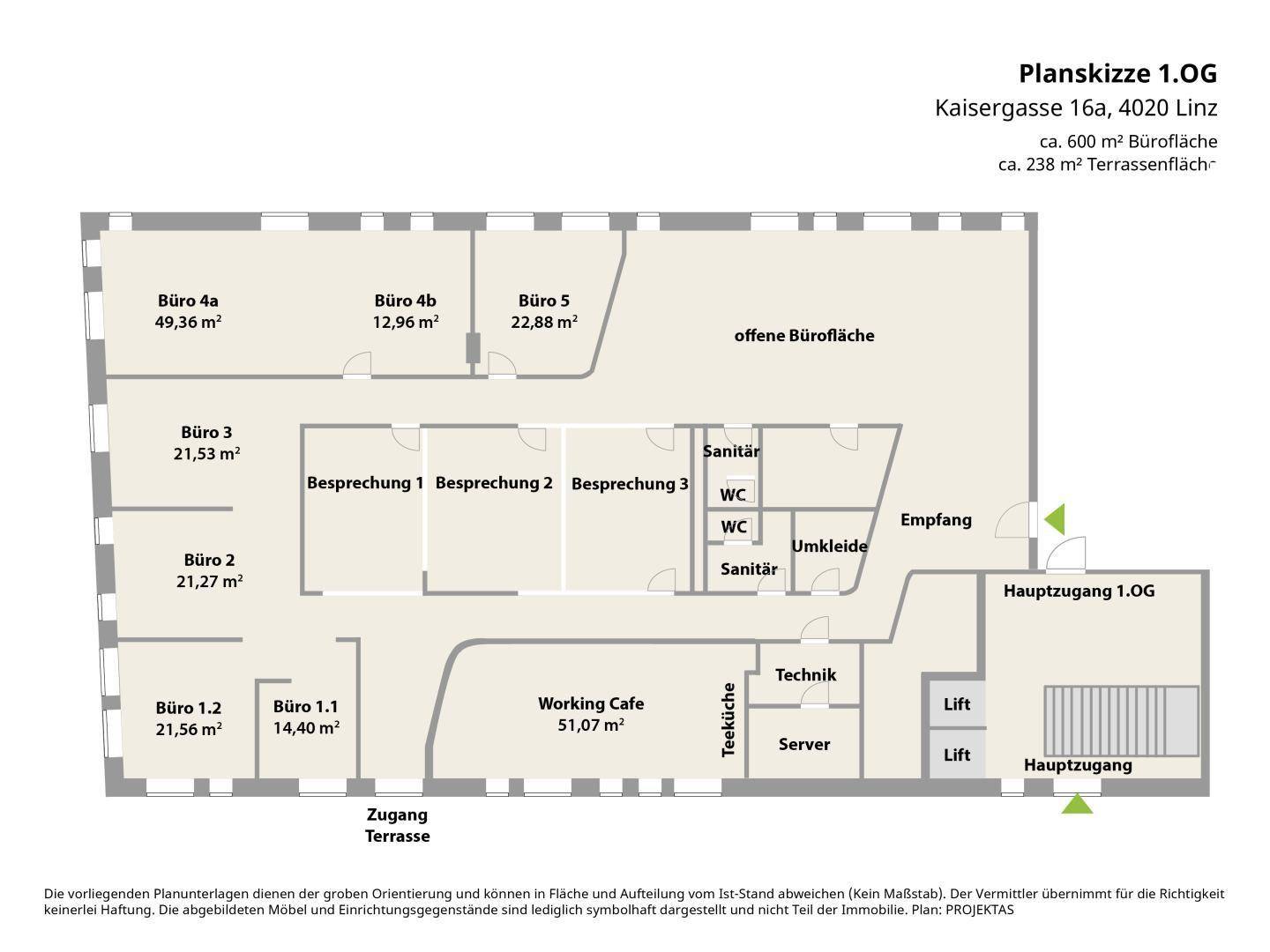 Grundriss des 1. Obergeschosses mit Büros, Besprechungsräumen, Working Café und Sanitäranlagen.