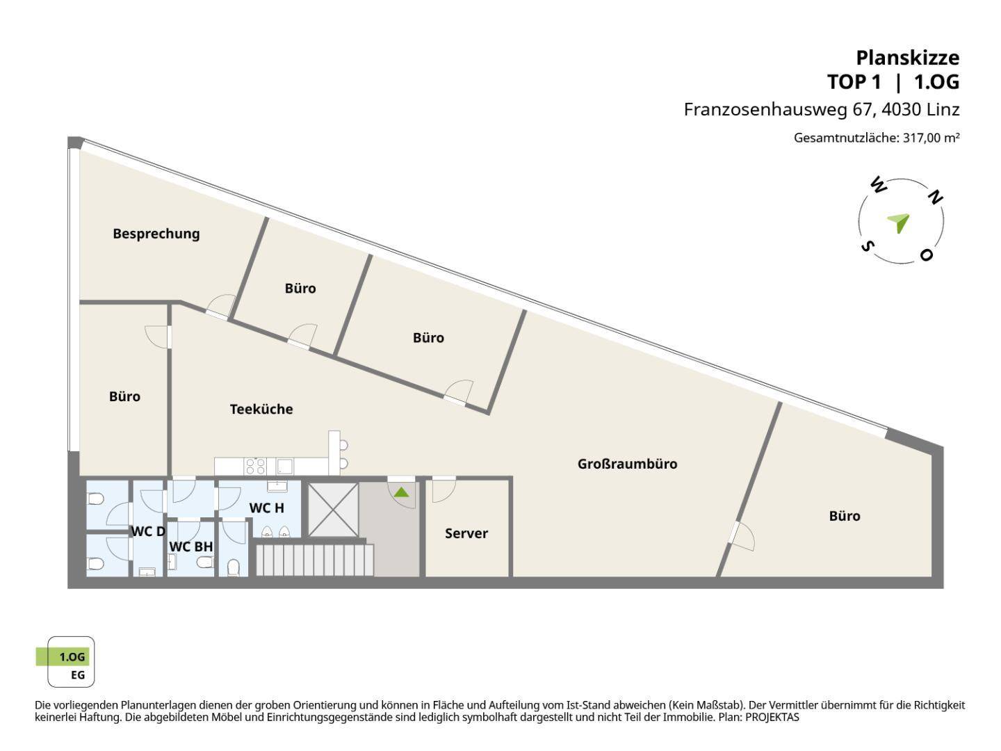 Grundriss des 1. Obergeschosses mit Büros, Teeküche und Besprechungsraum auf 317 m².