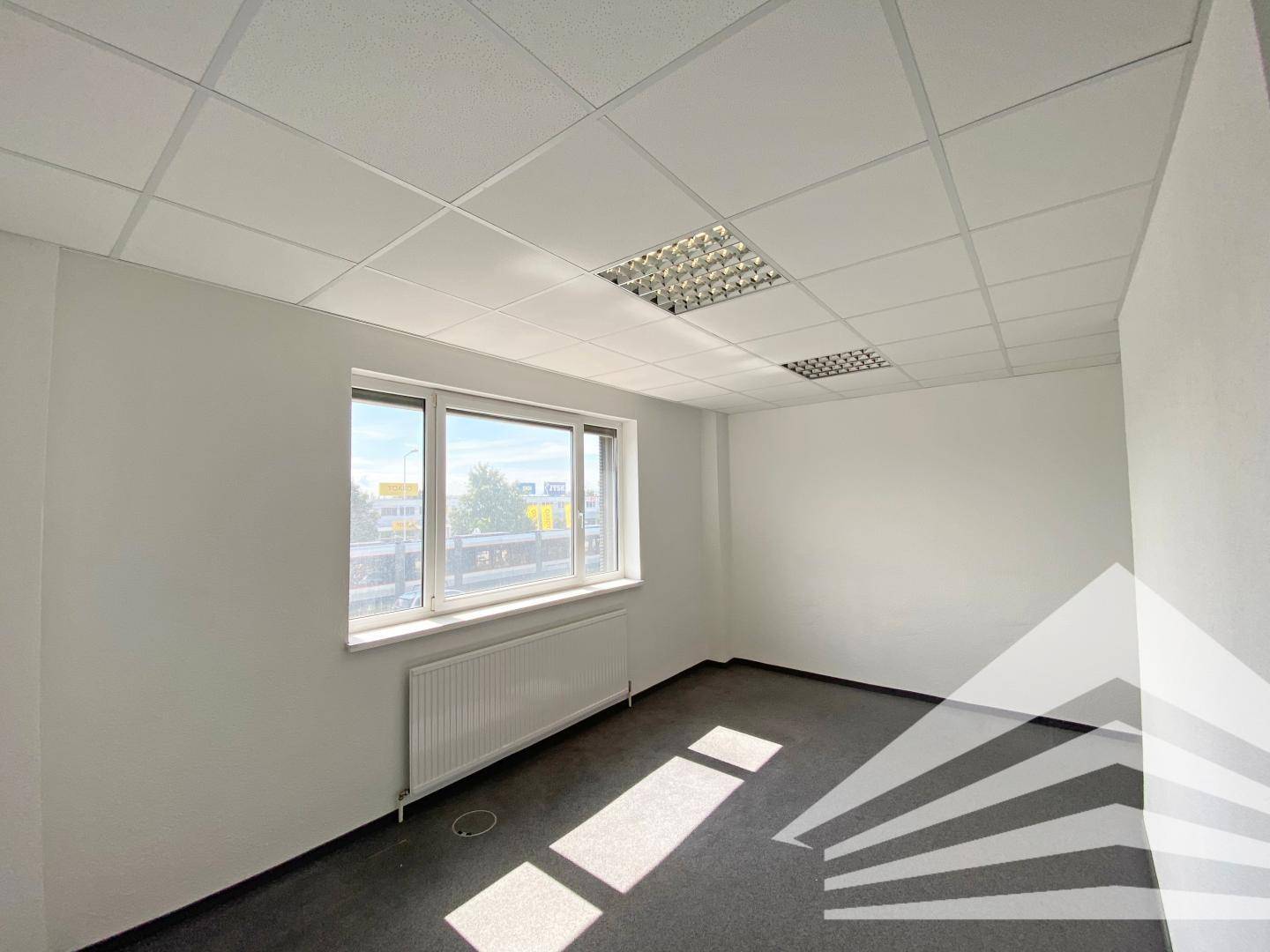 Leeres Büro mit Teppichboden, Fensterfront und Blick auf die belebte Umgebung.