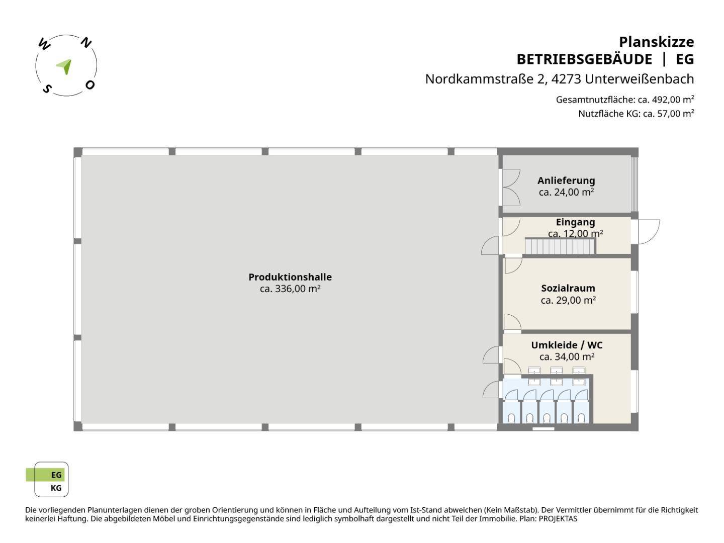 Grundriss eines Betriebsgebäudes mit Produktionshalle, Sozialraum, Umkleide und Anlieferungsbereich.