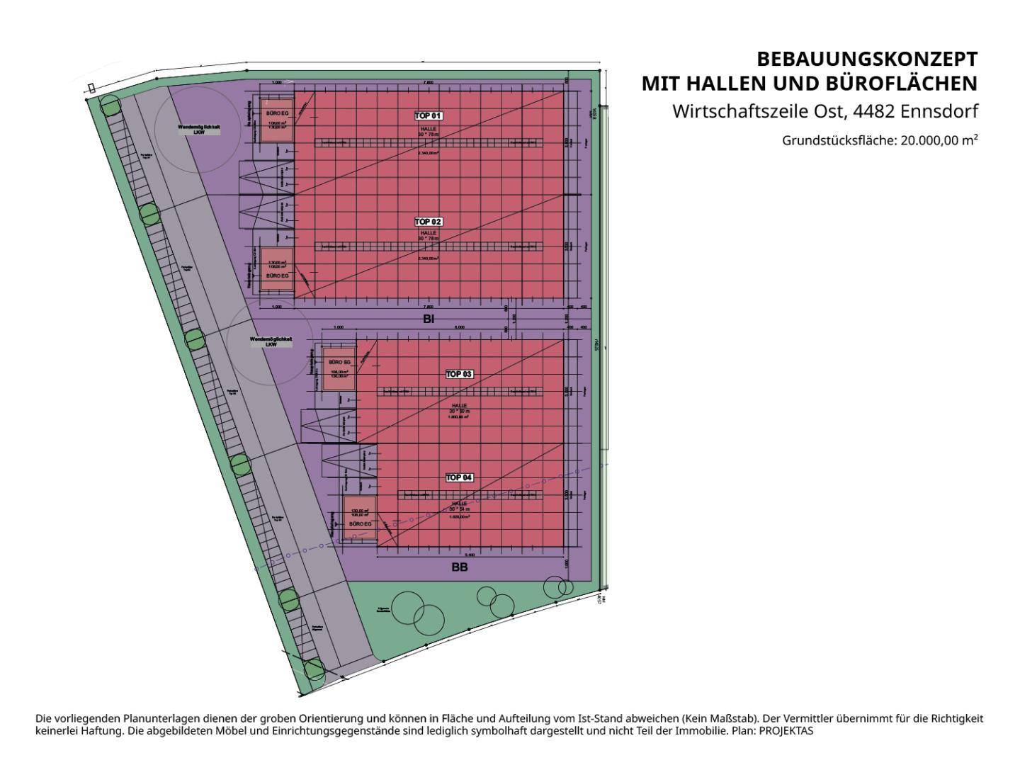 Bebauungskonzept für ein Grundstück mit geplanten Hallen- und Büroflächen in Ennsdorf.