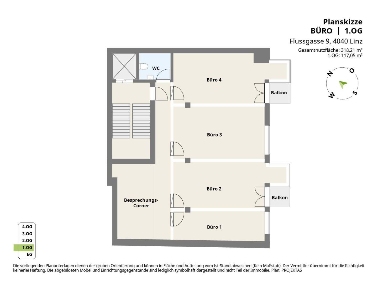 Grundriss des ersten Obergeschosses mit mehreren Büros, Besprechungsbereich und Balkonen für flexible Arbeitsgestaltung.