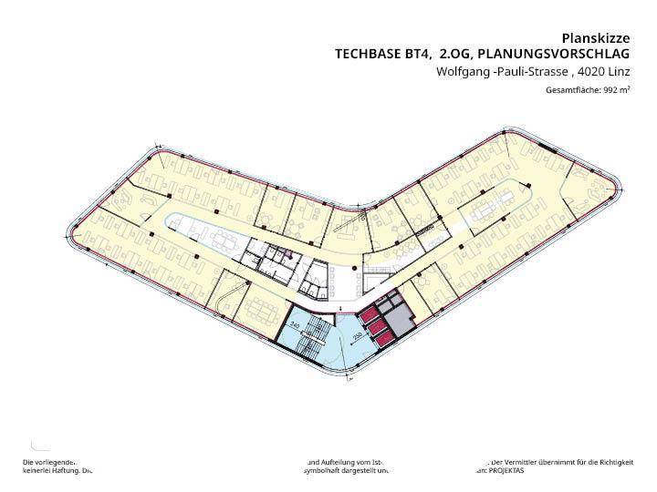 Planungsvorschlag für das zweite Obergeschoss von Techbase BT4 mit flexiblen Büroräumen.