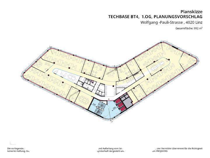 Planungsvorschlag für das erste Obergeschoss von Techbase BT4 mit Büroeinheiten.