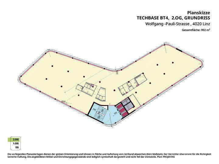 Grundriss des zweiten Obergeschosses von Techbase BT4 mit einer Gesamtfläche von 992 m².