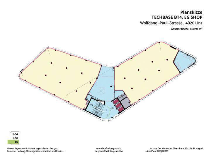 Grundriss des Erdgeschosses von TECHBASE BT4, konzipiert als Ladenfläche mit Sanitäranlagen.