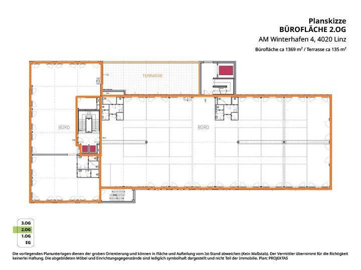 Grundriss für eine Bürofläche im 2. Obergeschoss mit Terrasse und mehreren Bürobereichen.