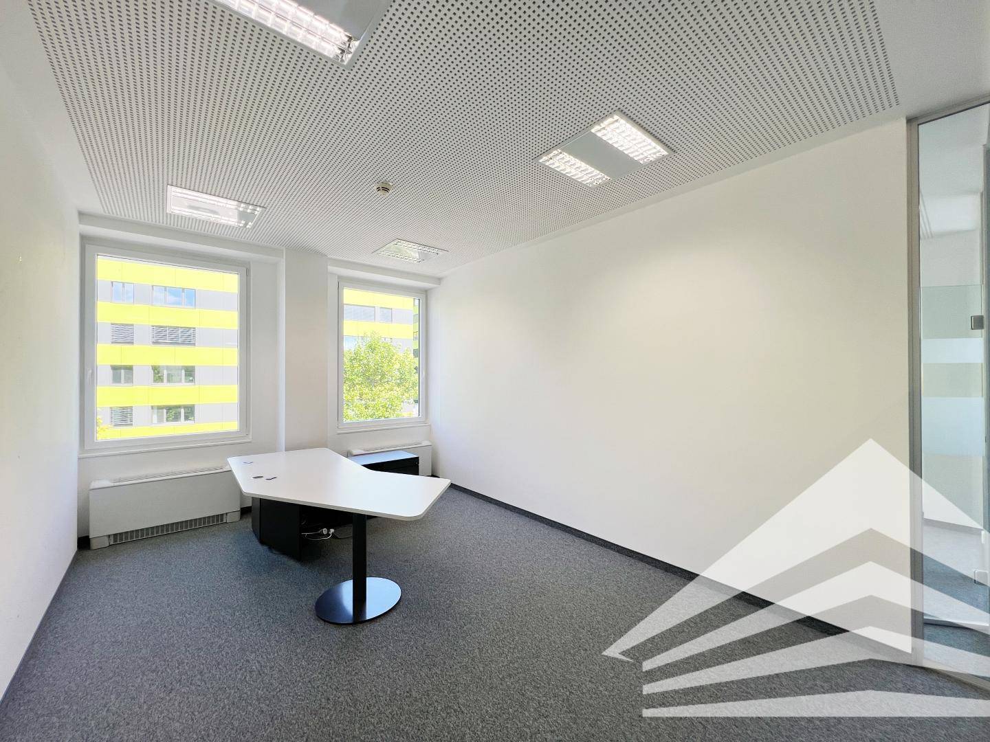 Kleines Einzelbüro mit einem Schreibtisch, zwei Fenstern und grauem Teppichboden.