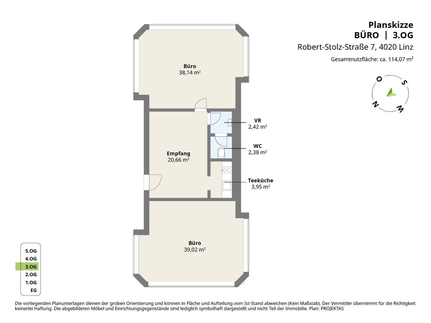 Grundriss einer Büroeinheit mit zwei Büroräumen, Empfangsbereich, WC und Teeküche auf 114,07 m².