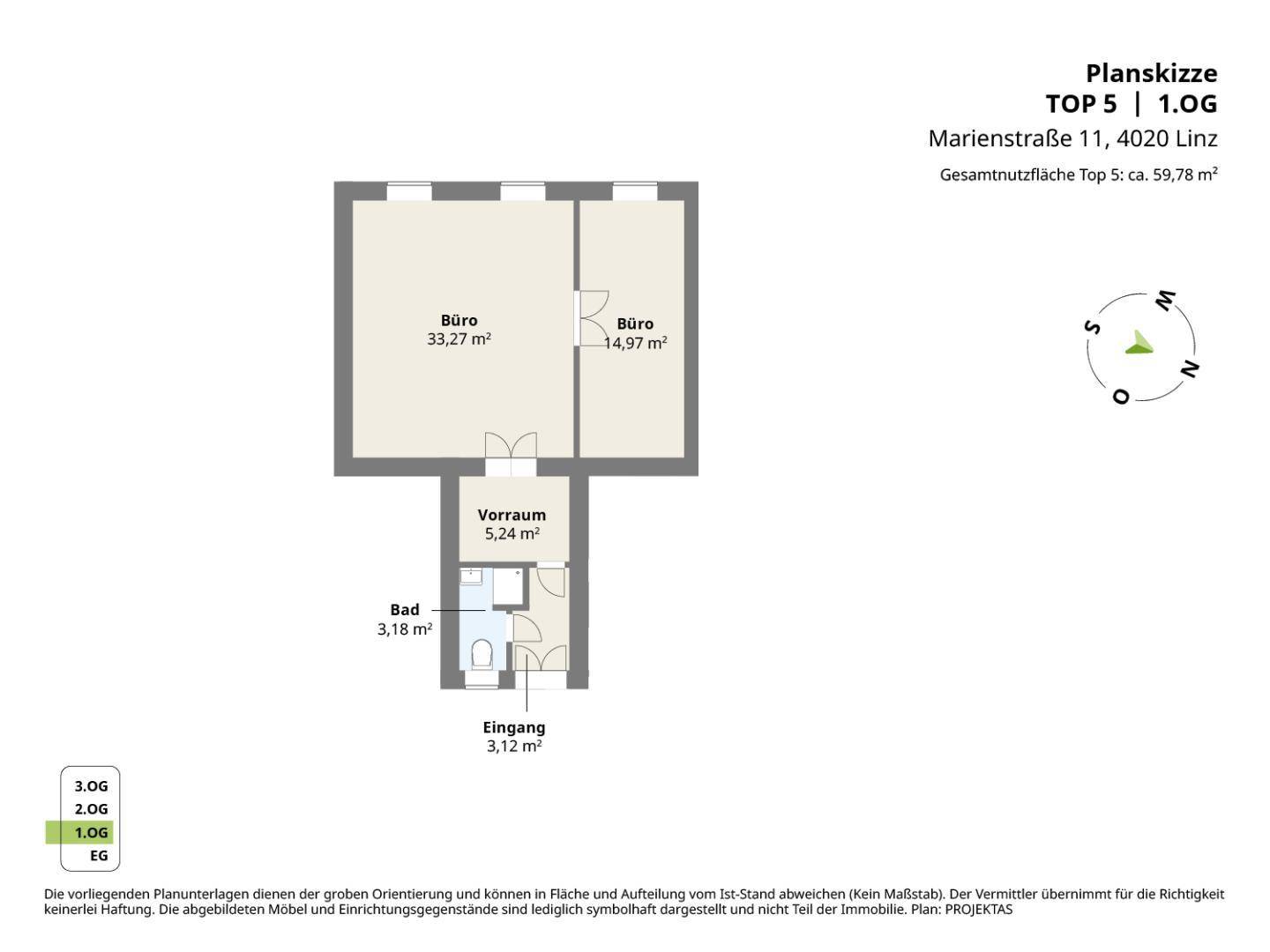 Grundriss der 1. Etage mit zwei Büroräumen, Vorraum, Bad und Eingangsbereich auf 59,78 m².