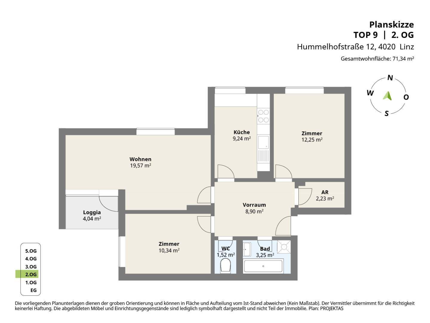 Grundriss der Wohnung mit Wohnzimmer, Küche, zwei Zimmern und Loggia.