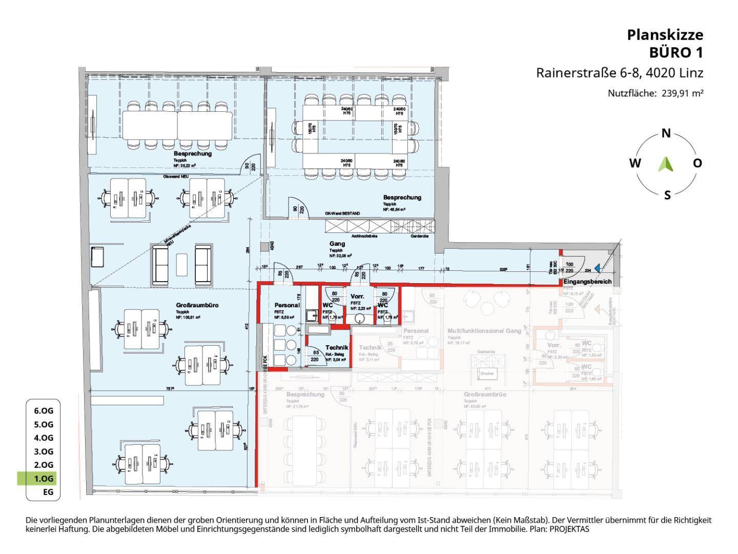 Detaillierter Grundriss für Büro 1 mit verschiedenen Arbeitsbereichen und Besprechungsräumen.