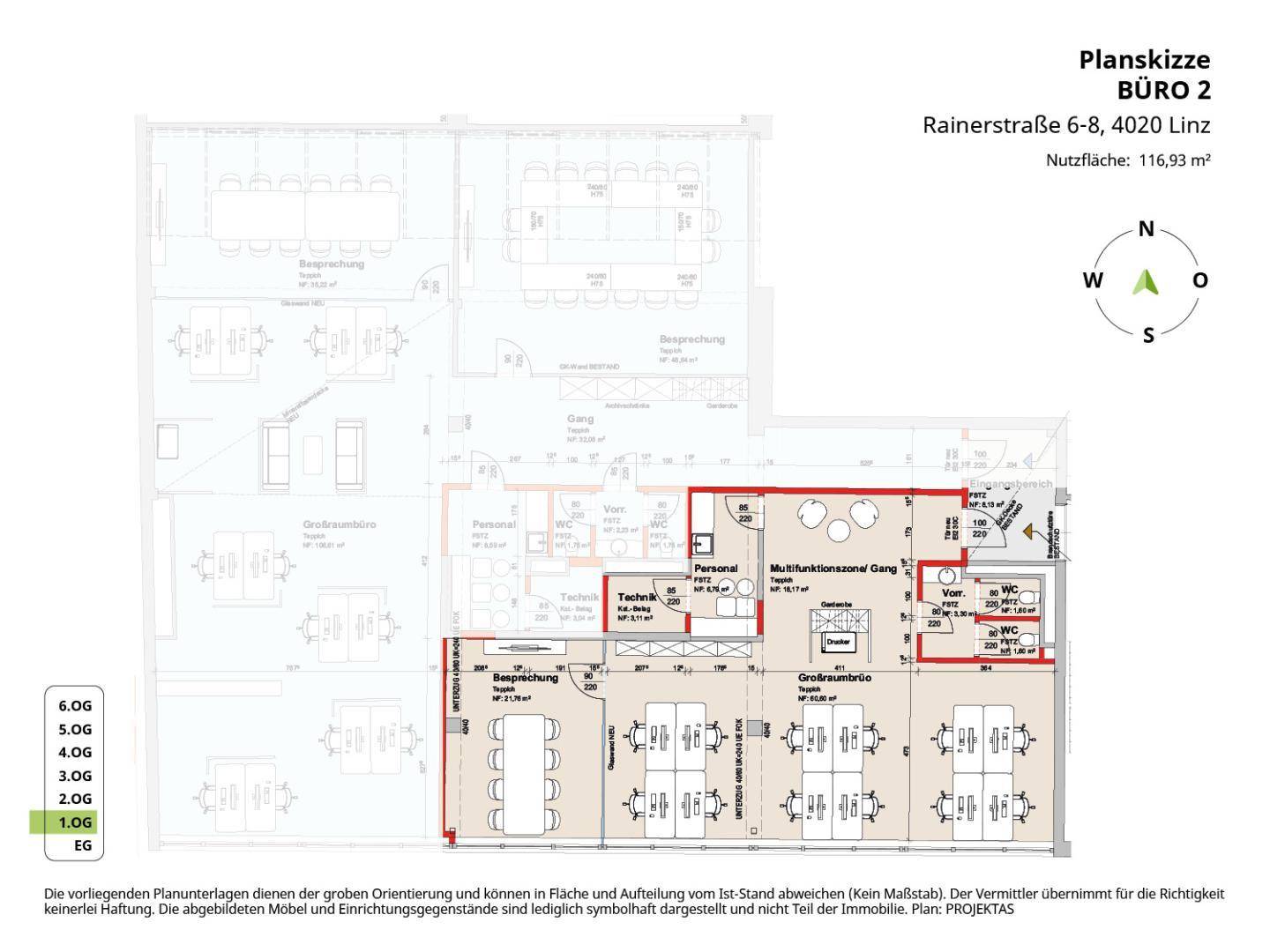Grundriss für Büro 2 mit Großraumbüro, Besprechungsräumen und Sanitäranlagen.