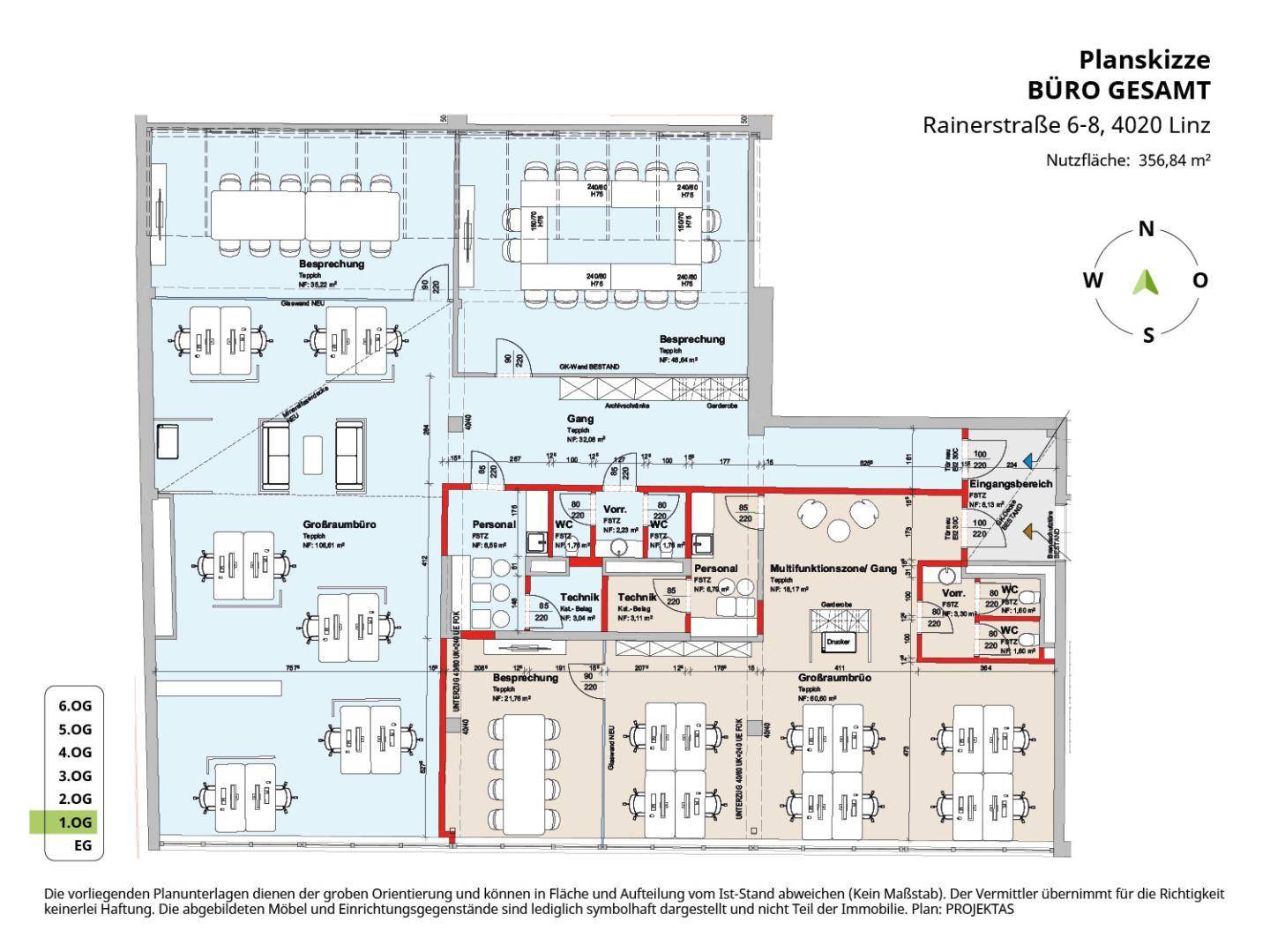Gesamtgrundriss für Büroflächen mit flexiblen Arbeitsbereichen und Sanitäranlagen.