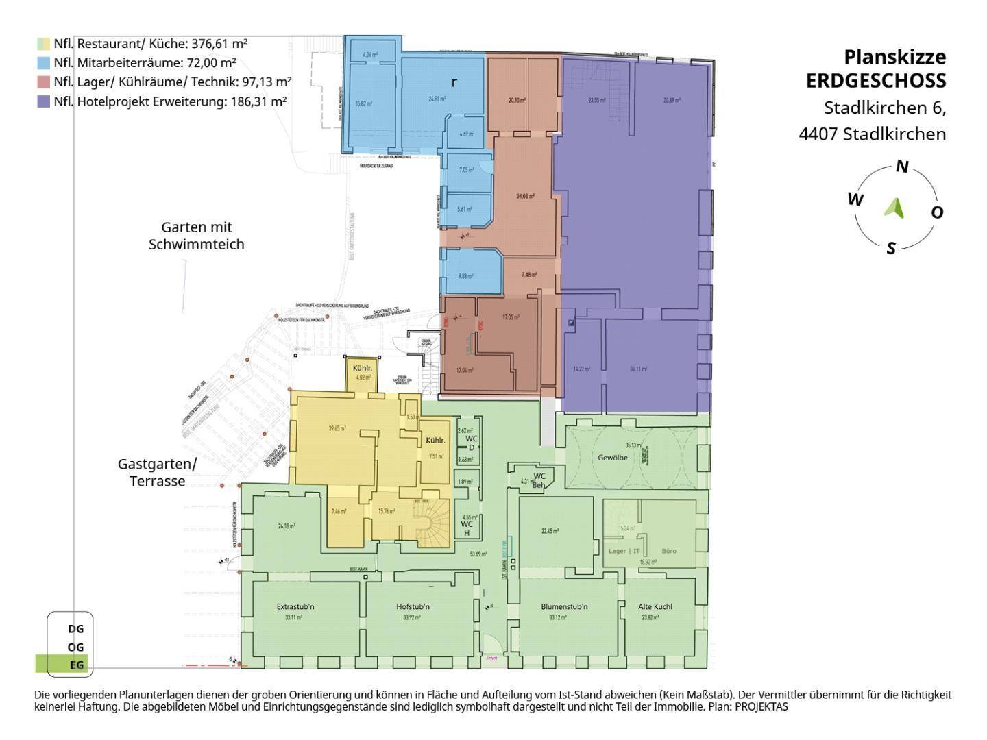 Grundriss des Erdgeschosses mit Restaurant, Lagerräumen und Erweiterungsflächen für ein Hotelprojekt.