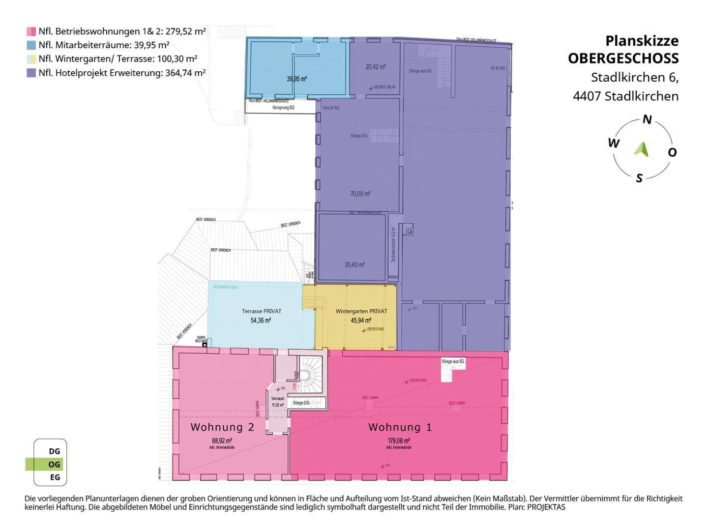 Grundriss des Obergeschosses mit Betriebswohnungen, Wintergarten und weiteren Hotelprojektflächen.