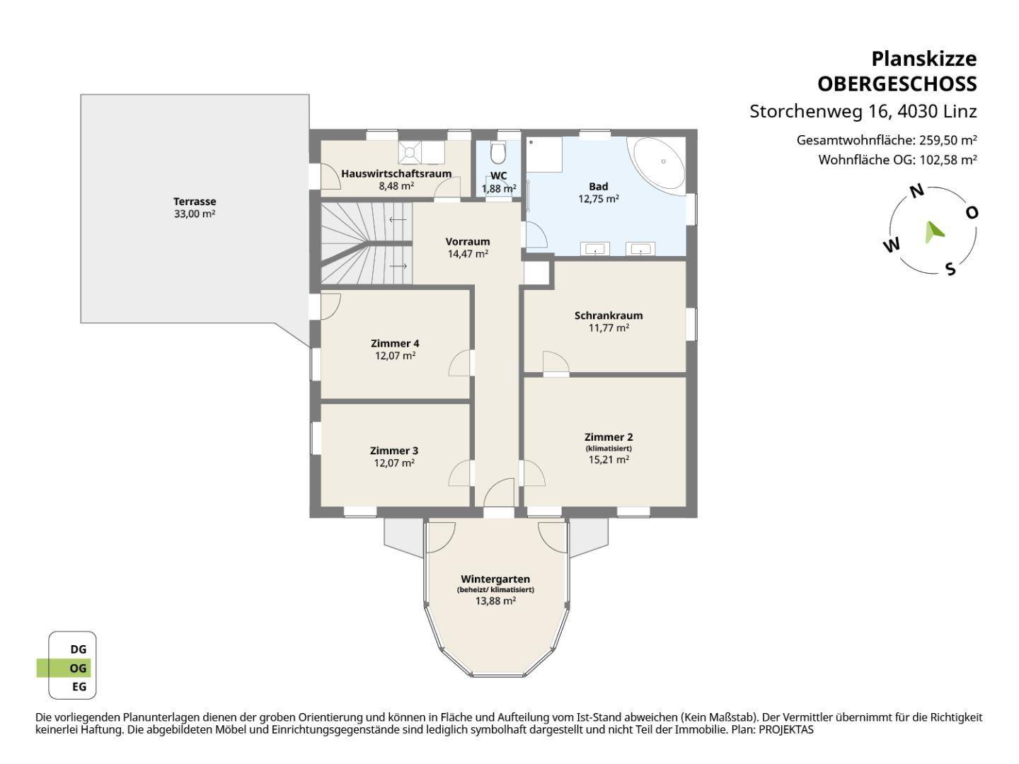 Grundriss des Obergeschosses mit drei Schlafzimmern, Bad, Hauswirtschaftsraum und großer Terrasse.