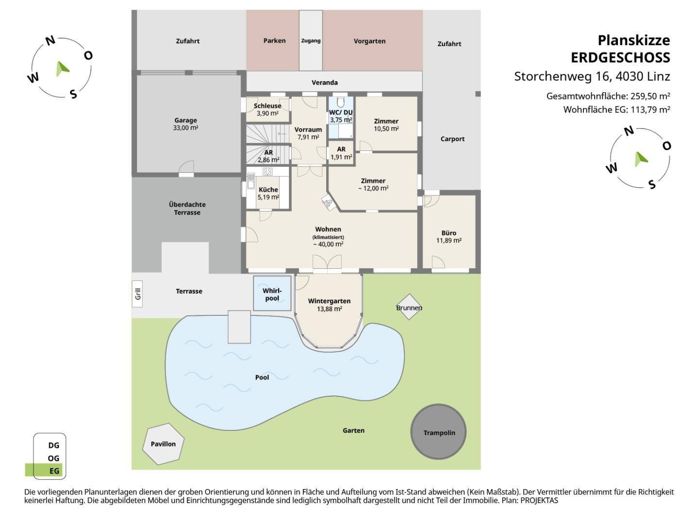 Grundriss des Erdgeschosses mit großem Wohnbereich, Küche, Büro und direktem Zugang zu Garten, Pool und Terrasse.