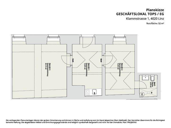 Grundriss einer Gewerbefläche mit drei Räumen, Bad und einer Nutzfläche von 52 m².