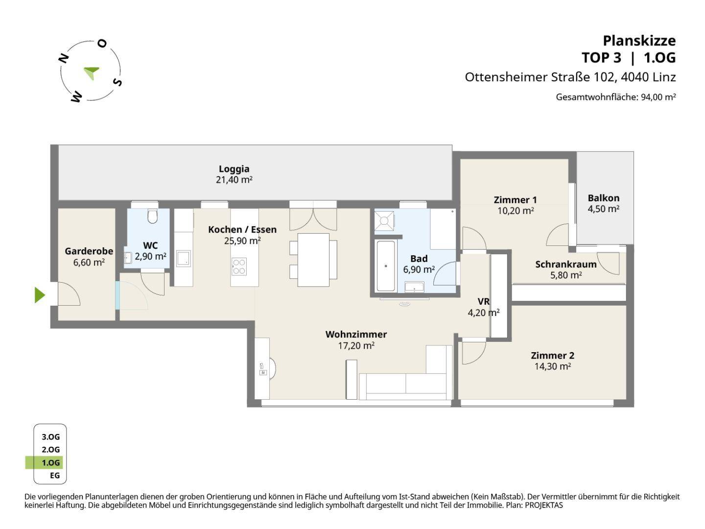 Grundriss einer modernen Wohnung im ersten Obergeschoss mit Loggia, Balkon und offenem Wohnbereich.