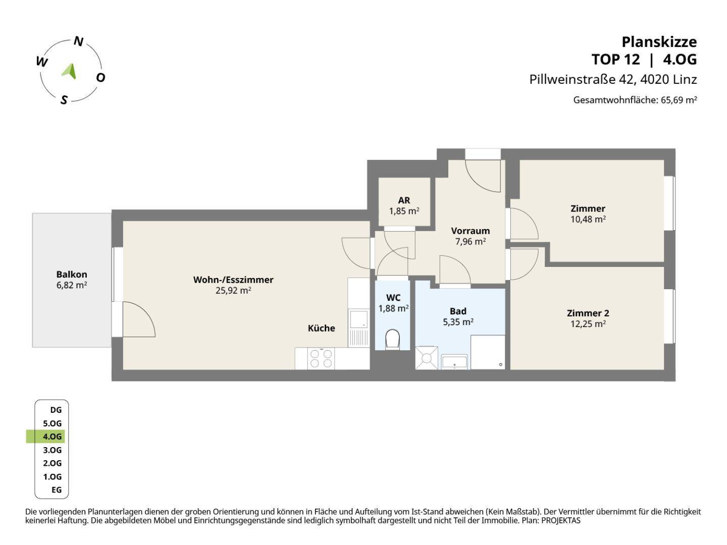 Detaillierter Grundriss der Wohnung mit offenem Wohnbereich, zwei Schlafzimmern und Balkon.