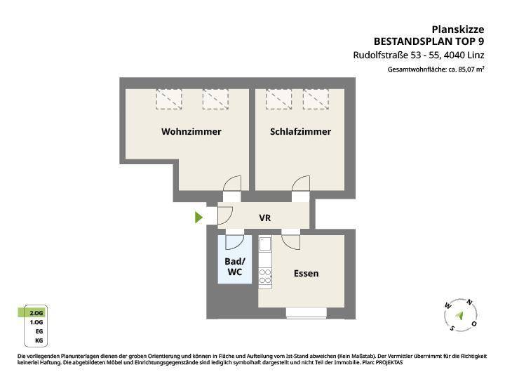 Grundriss der Dachgeschosswohnung Top 9 mit Wohnzimmer, Schlafzimmer und separater Küche.