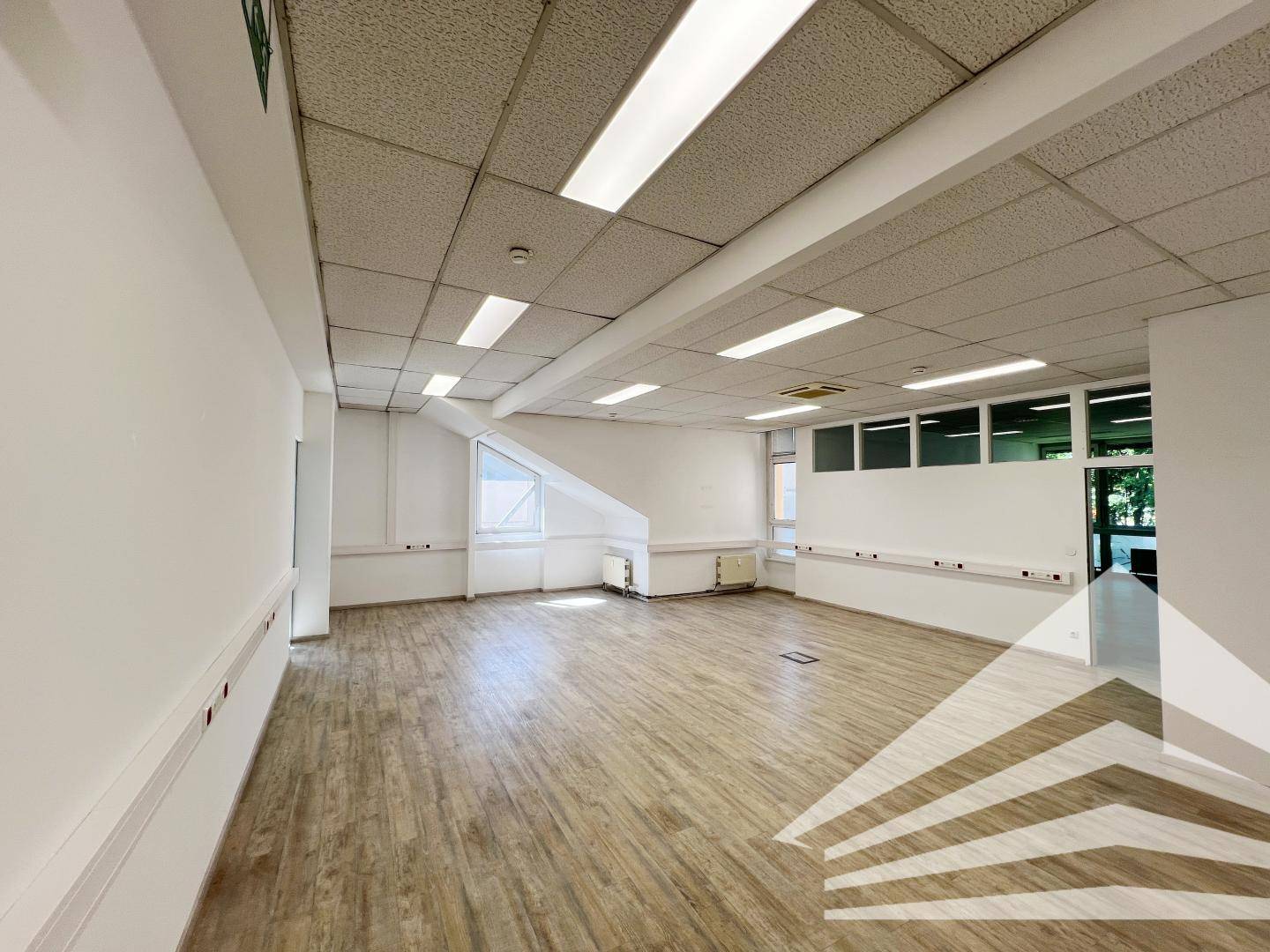 Großes, leeres Büro mit hellem Laminatboden, abgehängter Decke und mehreren Fenstern für natürliche Belichtung.