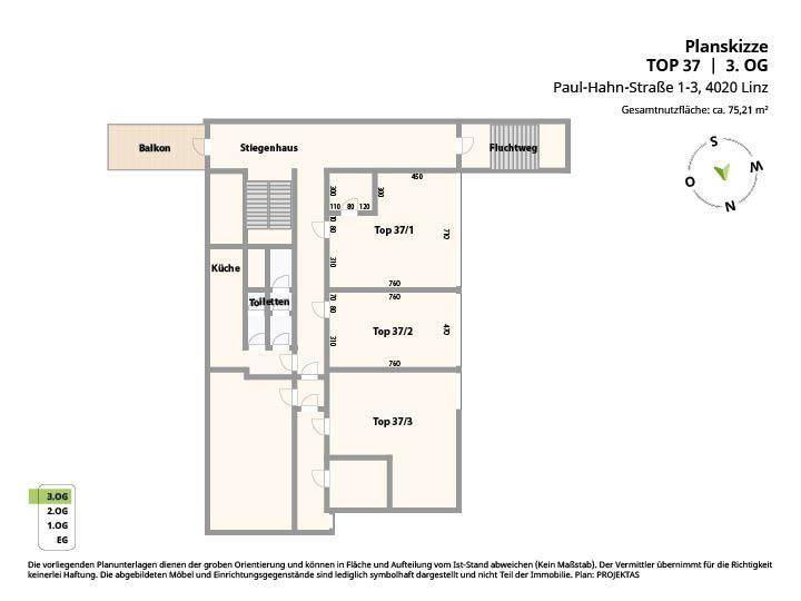 Grundriss der dritten Etage mit Balkon, Küche und mehreren Wohneinheiten, inklusive Treppenhaus und Toiletten.
