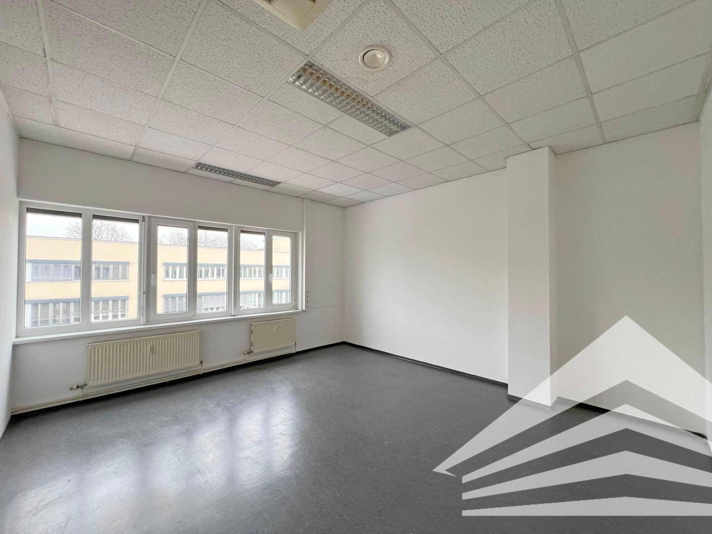Helles, leeres Büro mit grauen Bodenfliesen und großen Fenstern, bietet viel Tageslicht für Arbeitsbereiche.