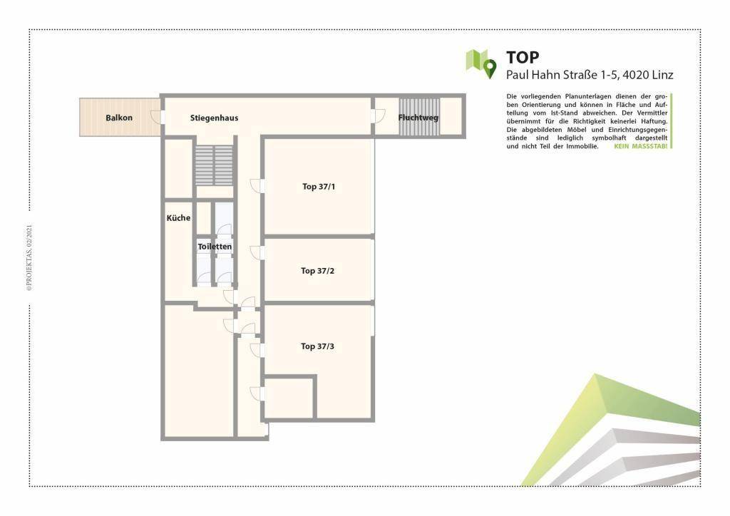 Grundrissplan zeigt mehrere Wohneinheiten mit Küche, Toiletten, Treppenhaus und einem Balkon.