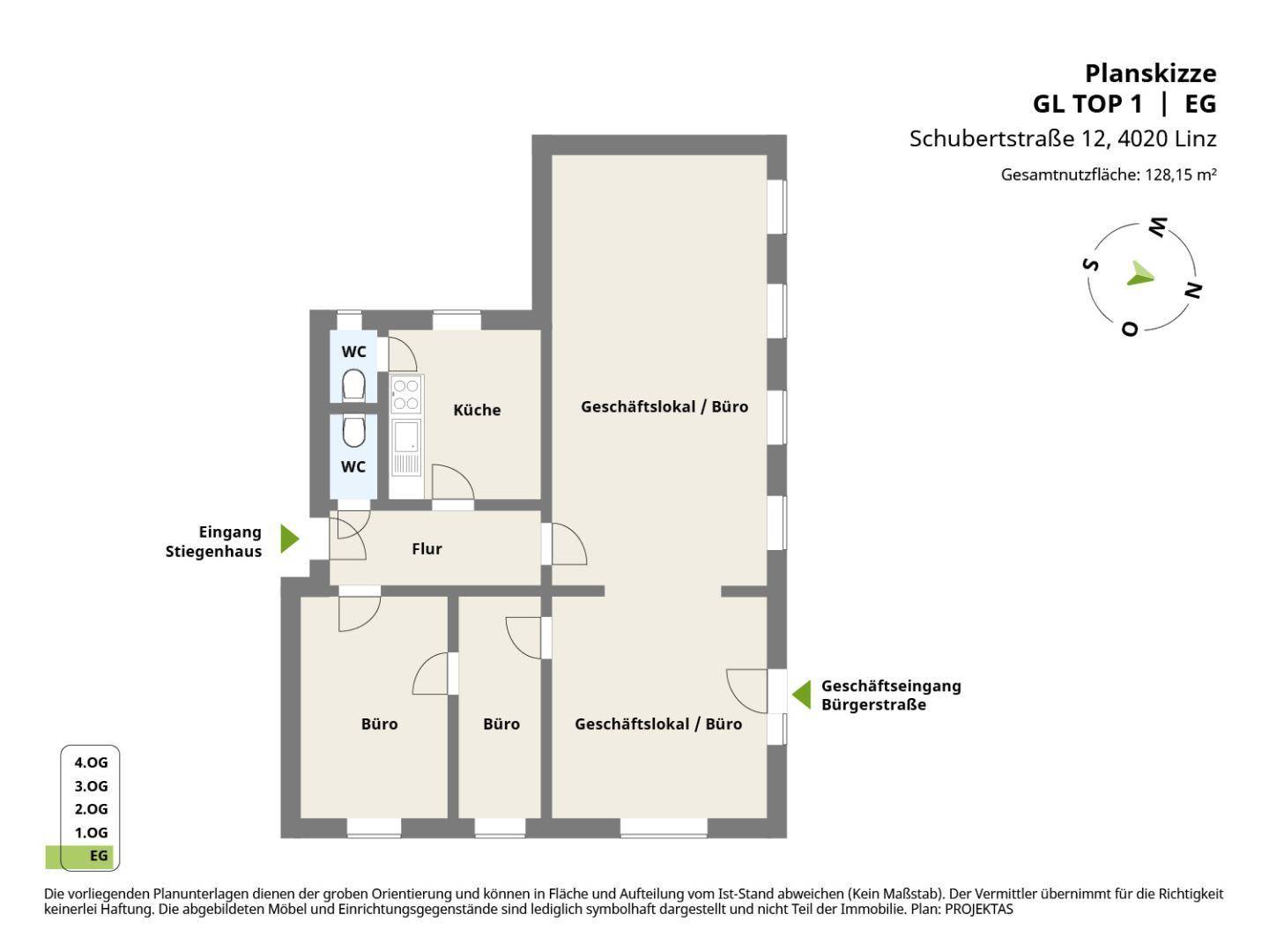 Grundriss des Erdgeschosses mit Büros, Küche und zwei Toiletten, Gesamtfläche 128,15 m².