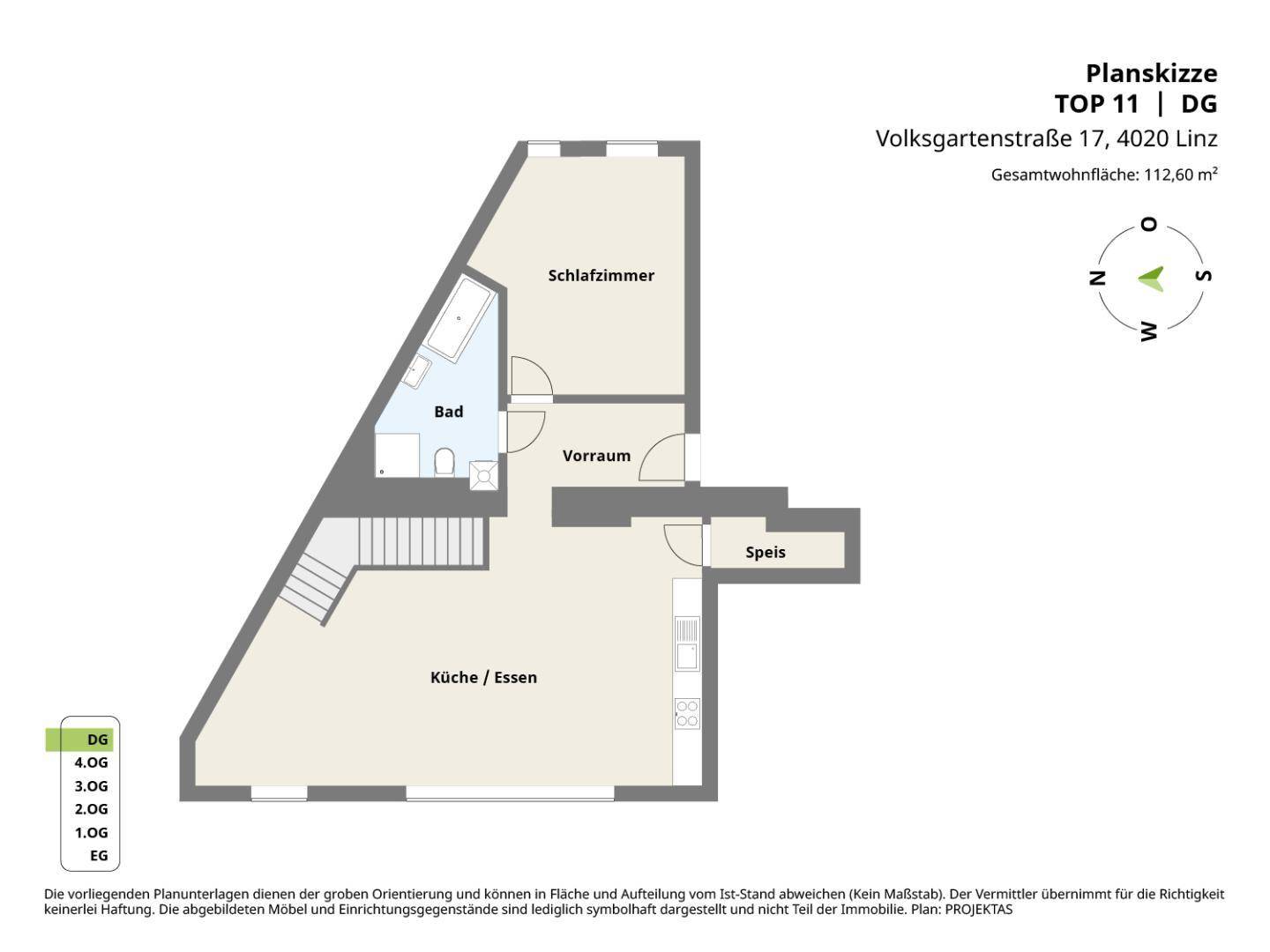 Grundriss des Dachgeschosses mit Schlafzimmer, Bad, Küche/Essbereich und Speisekammer.