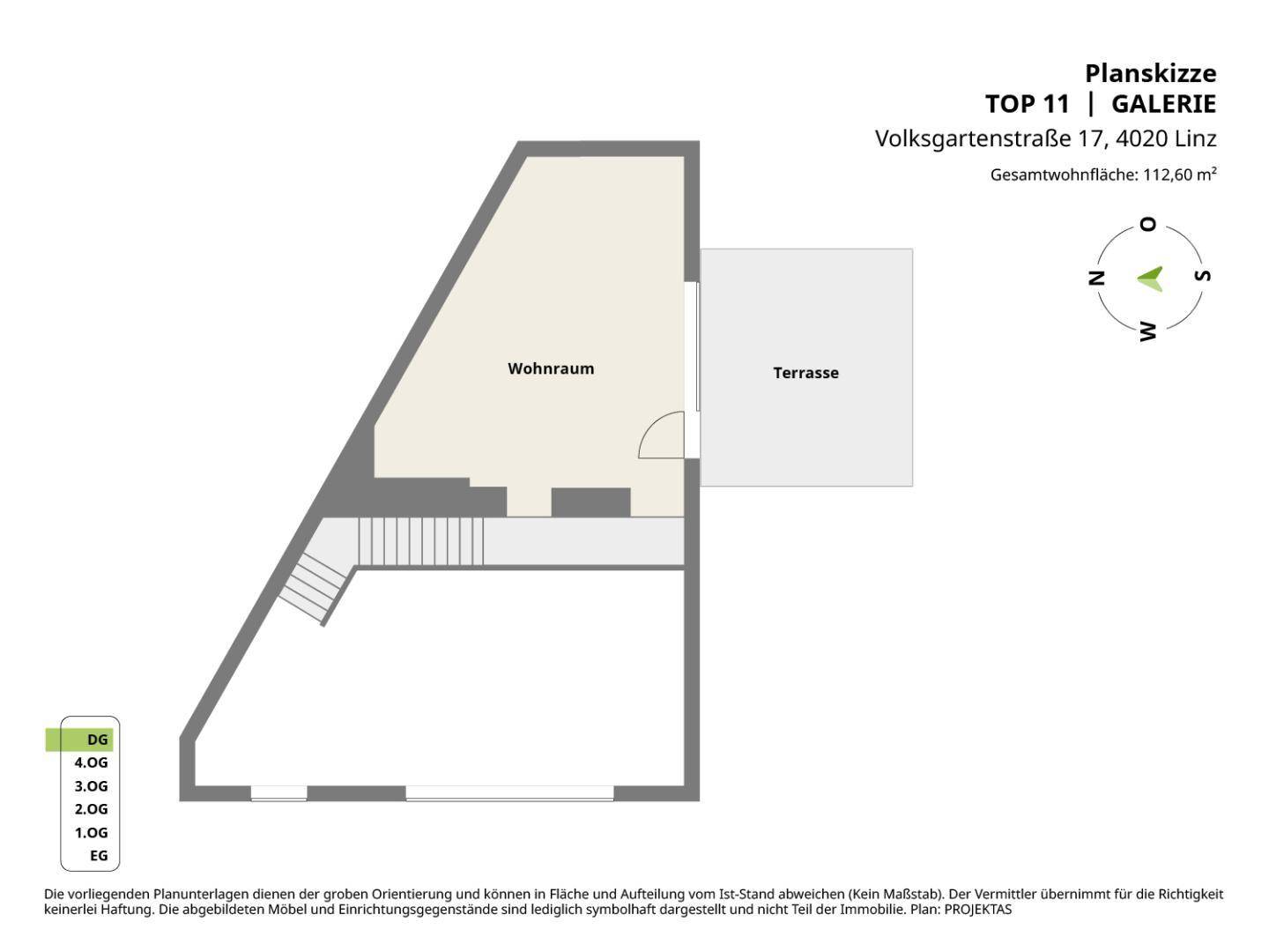 Grundriss der Galerie-Ebene mit Wohnraum und angrenzender Terrasse.