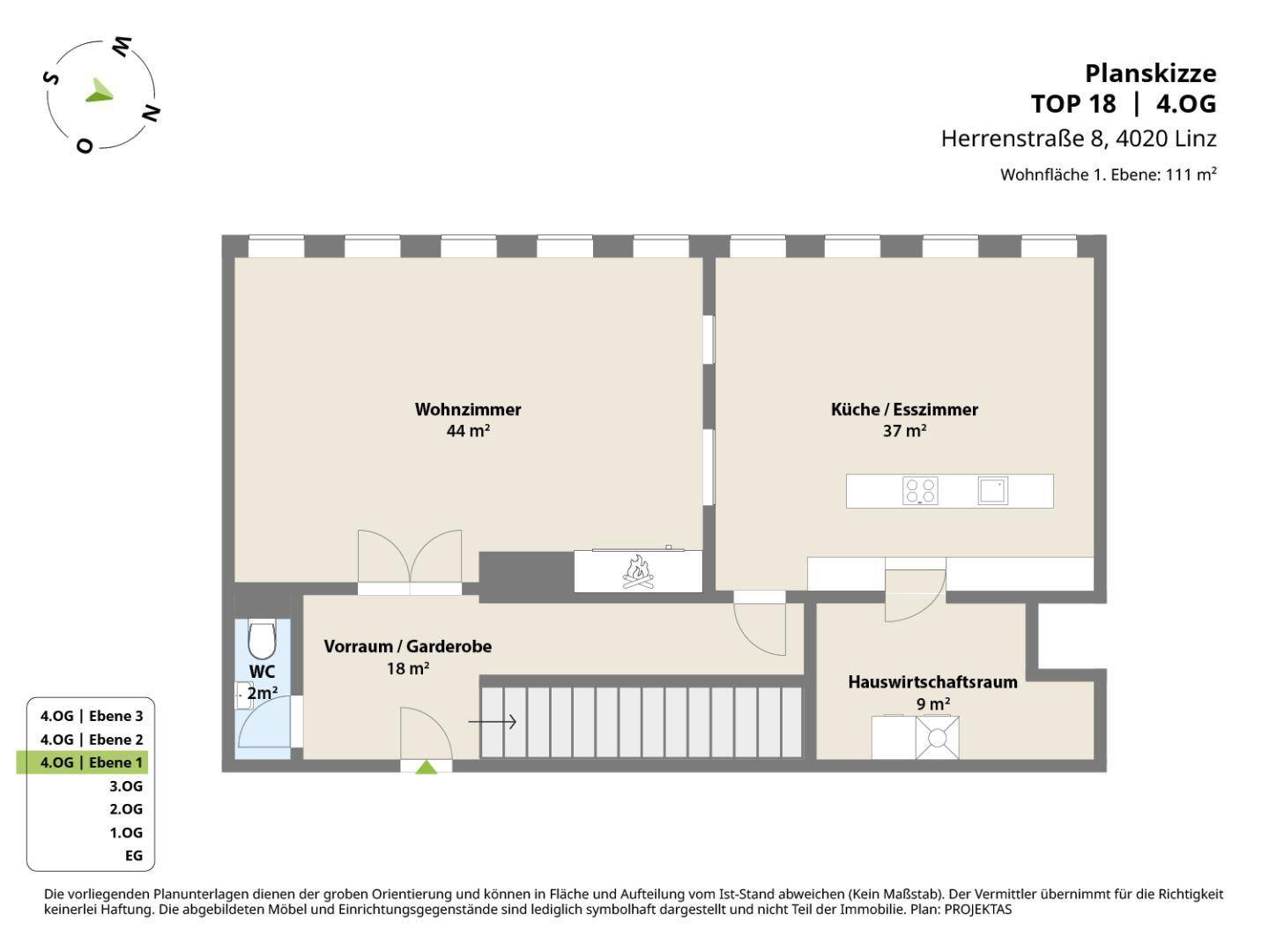 Grundriss der ersten Ebene (4.OG Ebene 1) mit Wohnzimmer, Küche/Esszimmer und Hauswirtschaftsraum.