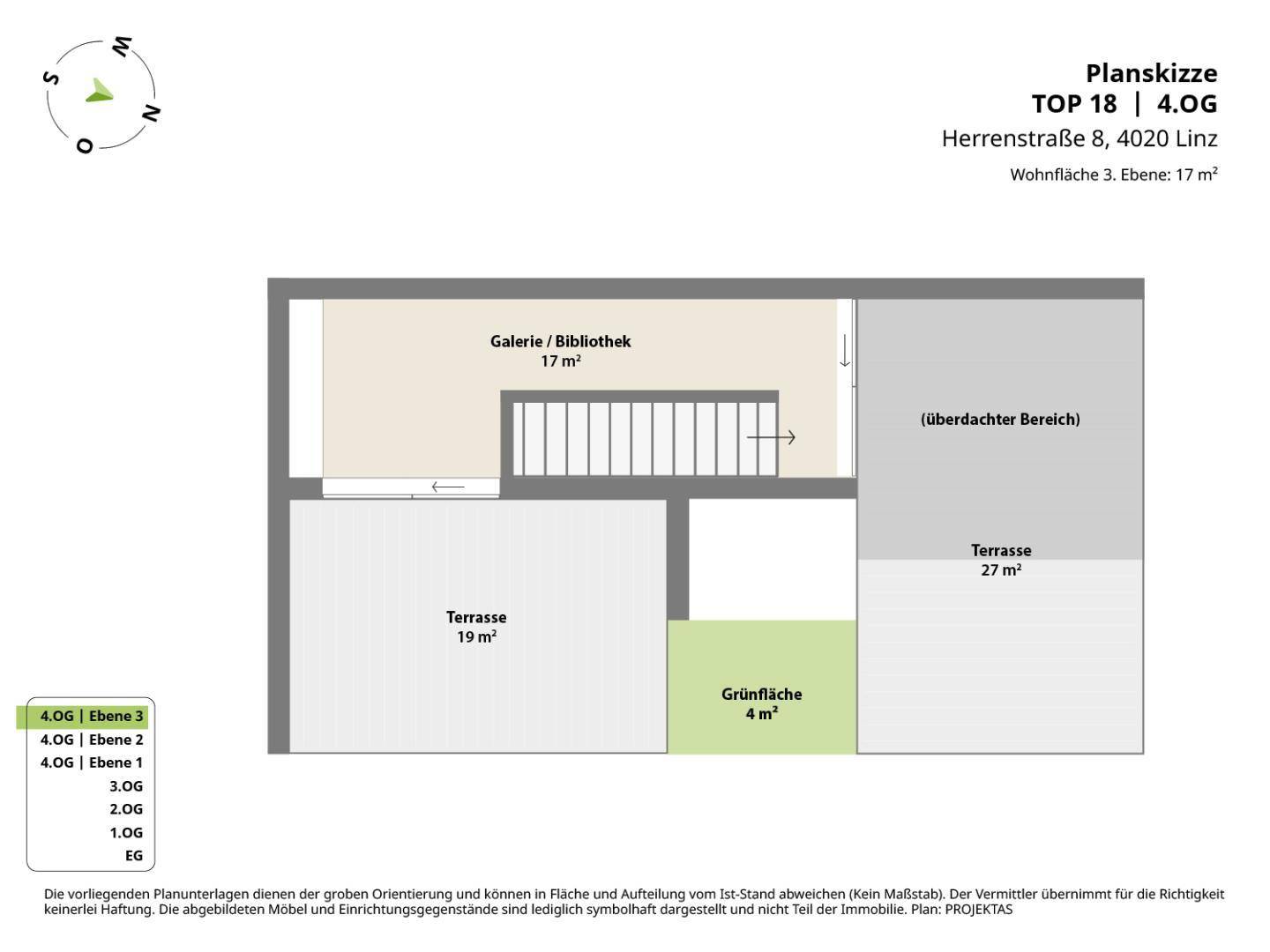 Grundriss der dritten Ebene (4.OG Ebene 3) mit Galerie, Bibliothek und zwei Terrassen.