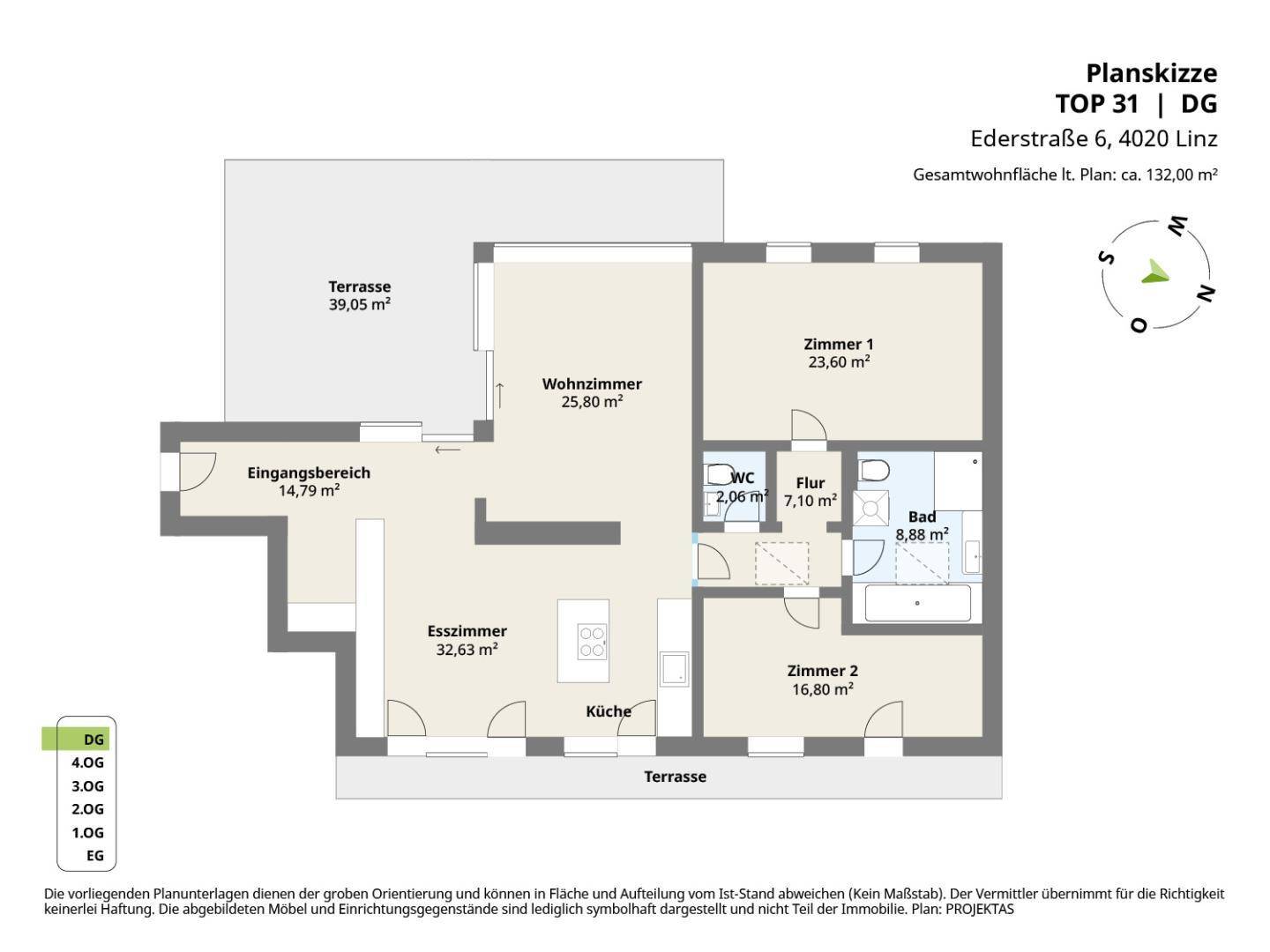 Grundriss einer Dachgeschosswohnung mit offenem Wohnbereich, zwei Schlafzimmern und zwei Terrassen.