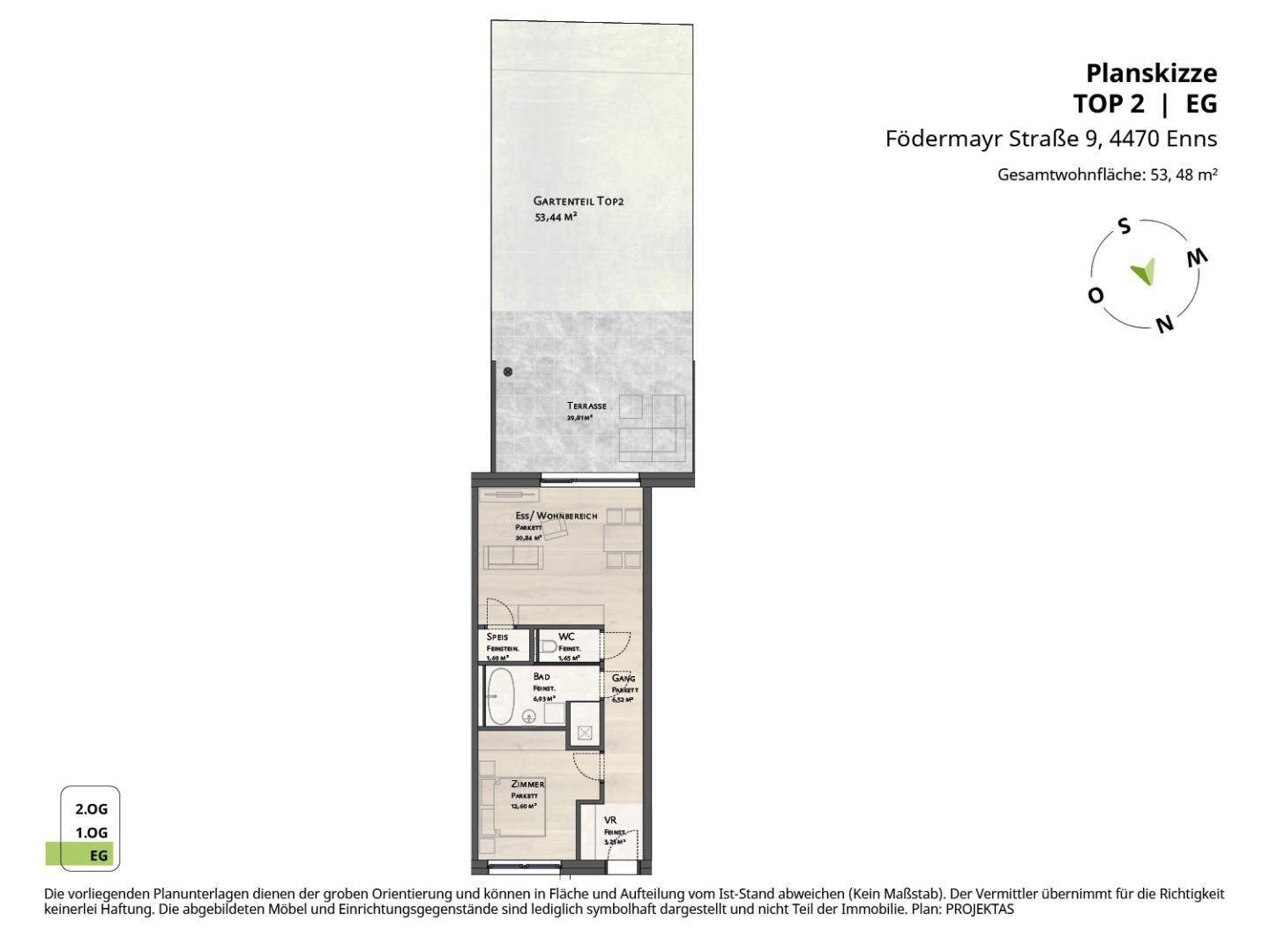 Grundriss der Wohnung mit Gartenanteil, Terrasse, Wohn-/Essbereich und Schlafzimmer.