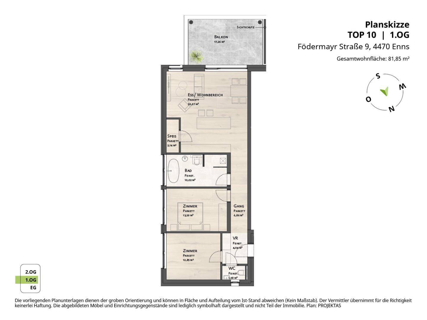 Grundriss der Wohnung Top 10 mit 81,85 m² Wohnfläche, Balkon und drei Zimmern.
