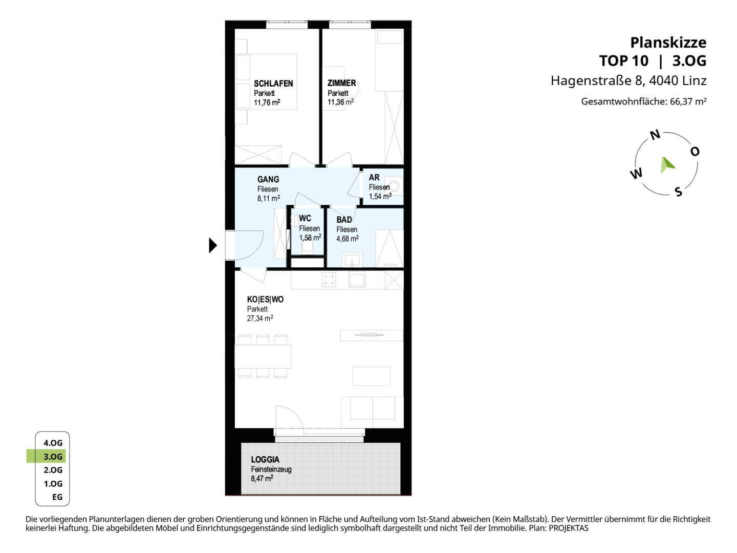 Detaillierter Grundriss der Wohnung TOP 10 im 3. Obergeschoss mit Raumaufteilung.