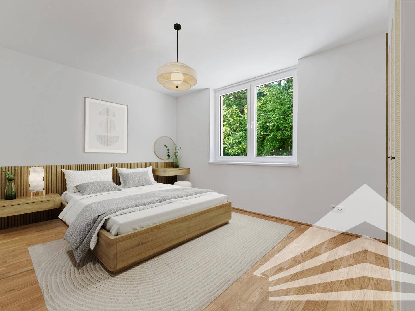 Virtuell inszeniertes Schlafzimmer mit Holzboden, Fenster und Blick ins Grüne.
