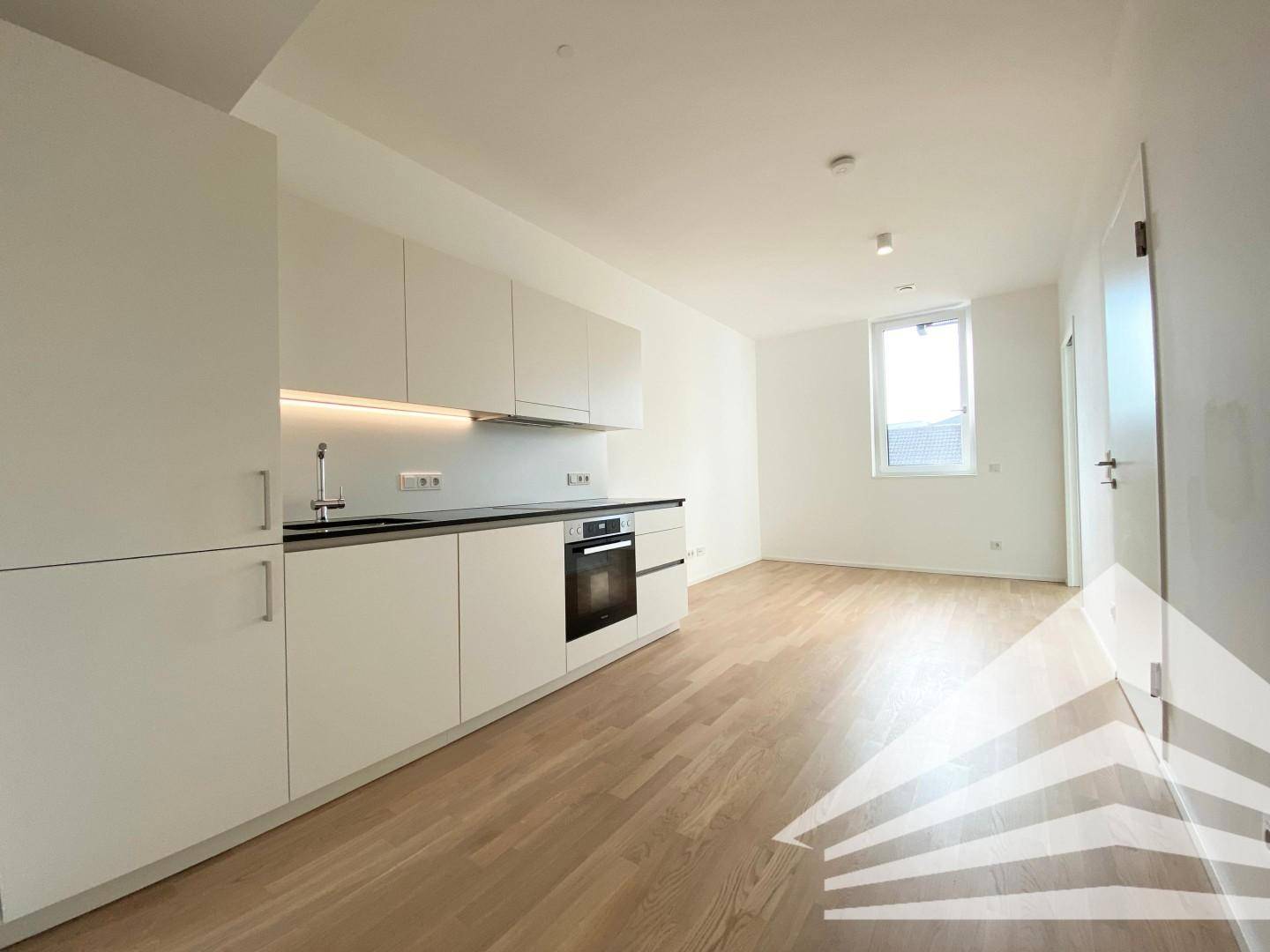 Offener Wohnbereich mit moderner Einbauküche, Holzboden und viel Tageslicht.