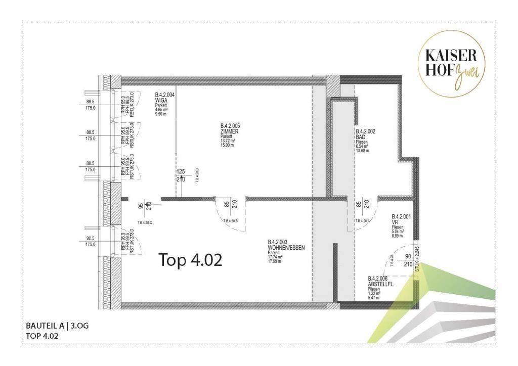Grundriss der Wohnung Top 4.02 mit Wohn-Essbereich und Zimmern.