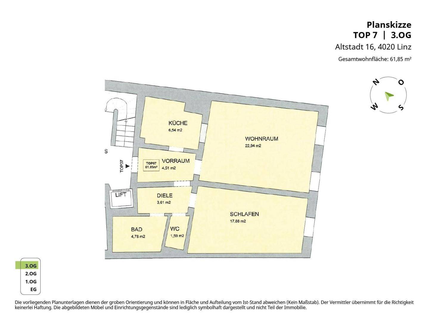 Grundriss der Wohnung Top 7 im 3. Obergeschoss mit 61,85 m² Wohnfläche.