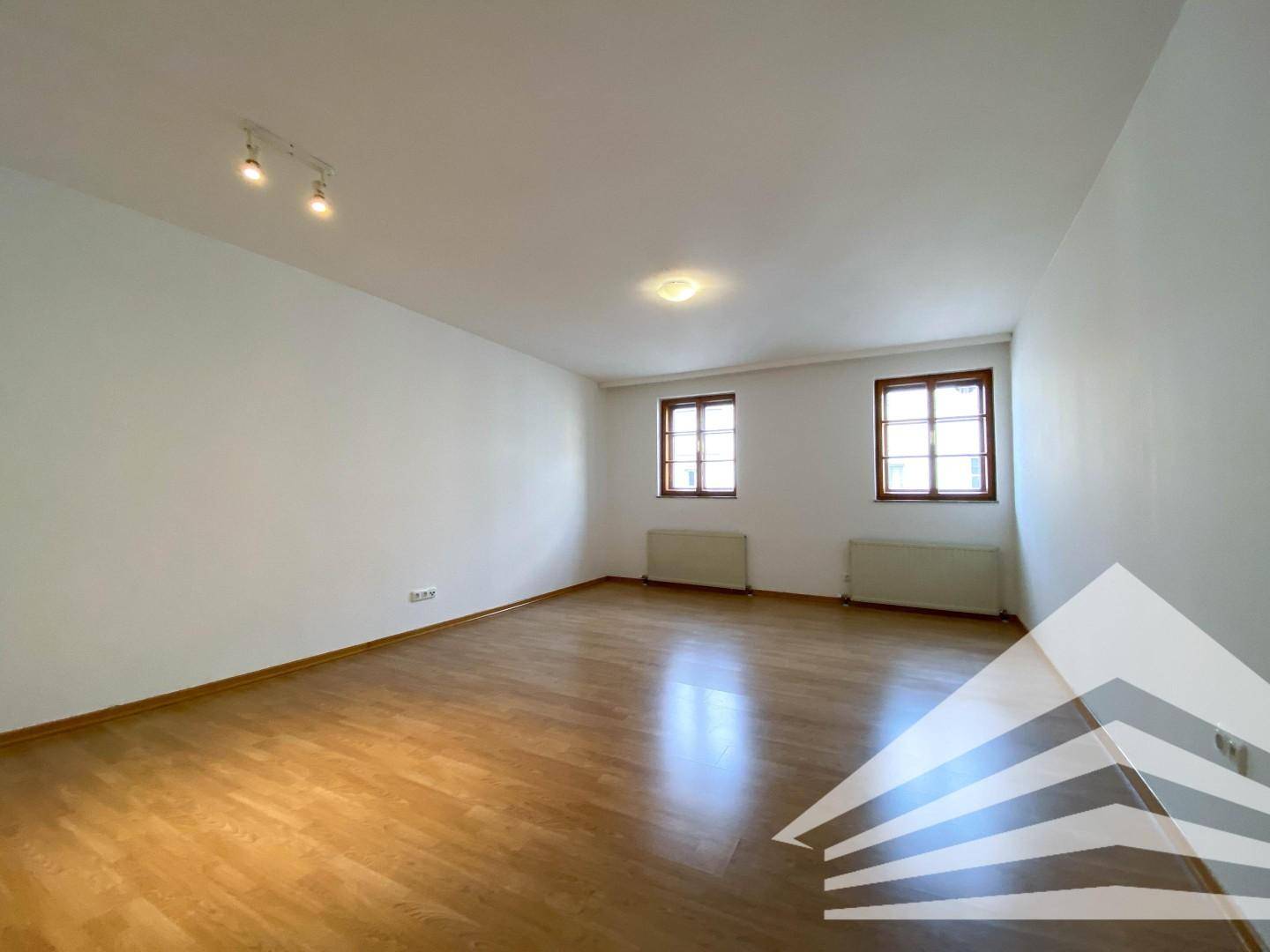 Helles Wohnzimmer mit Holzboden und zwei Fenstern, die viel Tageslicht hereinlassen.