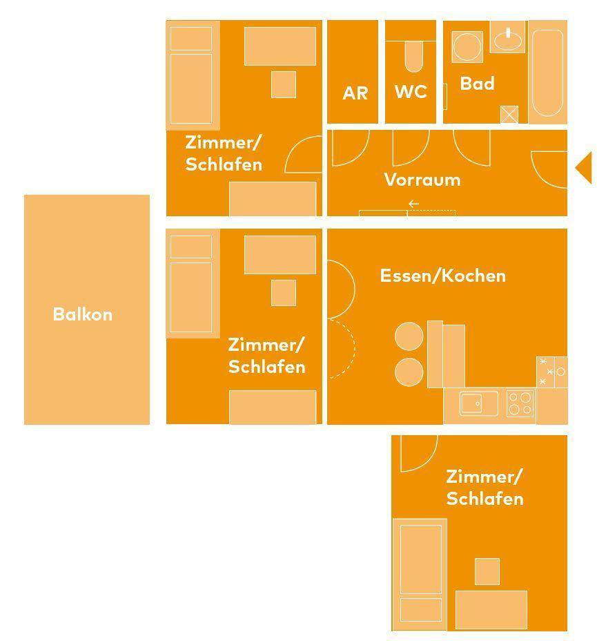 Grundrissplan einer Wohnung mit drei Schlafzimmern, offenem Wohnbereich und Balkon.
