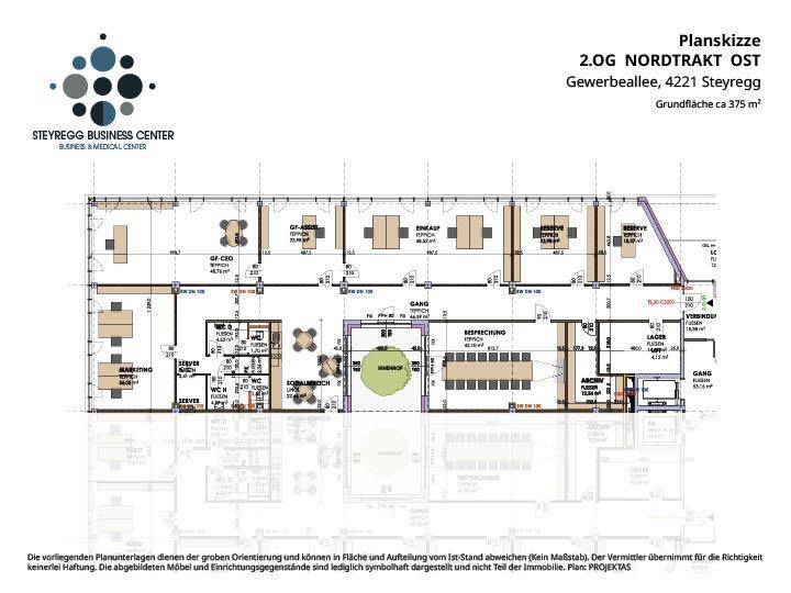 Grundriss des 2. Obergeschosses Nordtrakt Ost mit Büros, Besprechungsraum und Loggia.