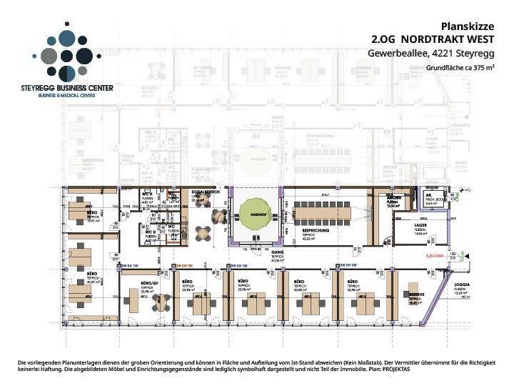 Grundriss des zweiten Obergeschosses Nordtrakt West mit Büros, Besprechungsräumen und Loggia.