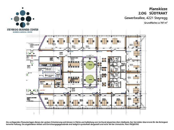 Detaillierter Grundriss des 2. Obergeschosses Südtrakt mit Büroräumen und Gemeinschaftsflächen.