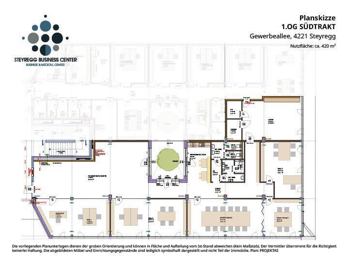 Detaillierte Planskizze des 1. Obergeschosses Südtrakt mit Möblierungsvorschlägen für Büros und Besprechungsräume.